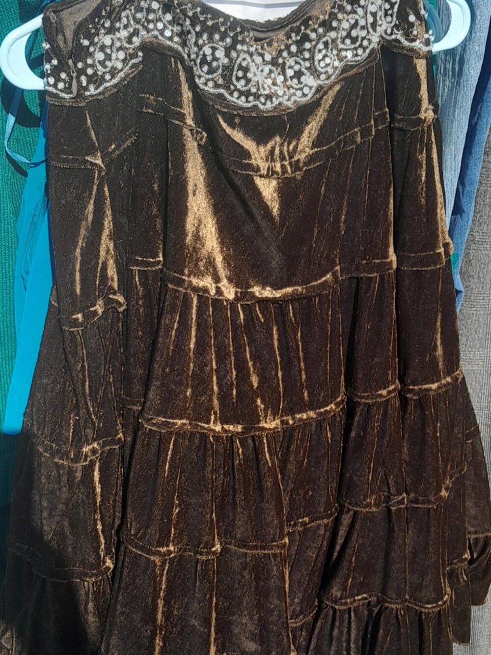 Mix Nouveau Vintage Brown Crushed Velvet Tiered Midi Skirt Beaded Size L Whimsig